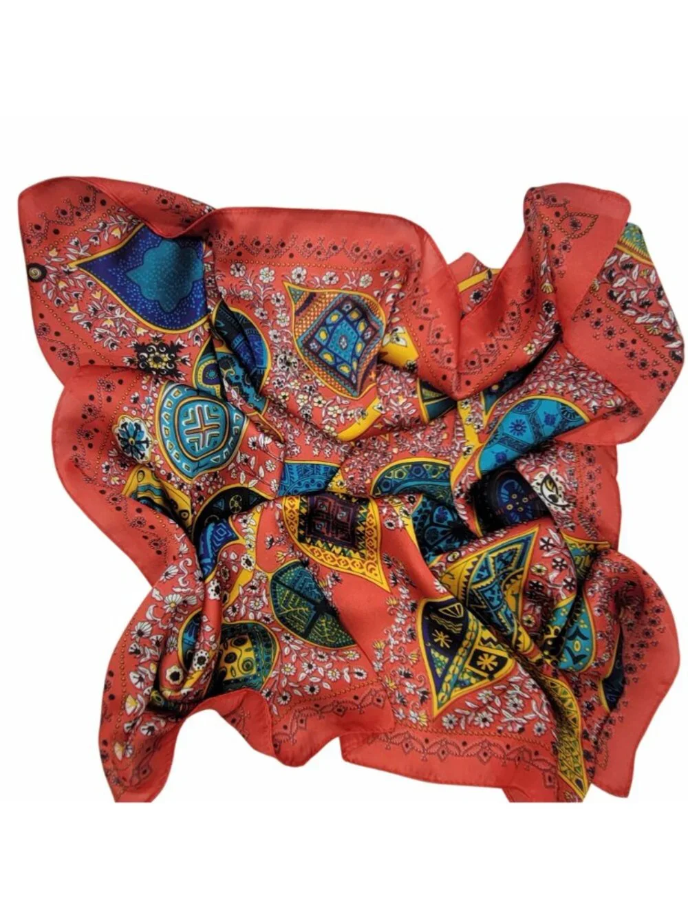 Elegant Luxury Silky Square Scarf Satin Red Tree Leaf Print Bandana Shawl Floral